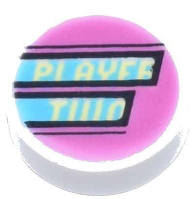 LEGO part Tile, Round 1 x 1 with Bright Light Yellow 'PLAYER TWO' and Medium Azure Stripes on Dark Pink Background Pattern (98138pb274)