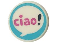 LEGO part Tile, Round 1 x 1 with Dark Pink 'ciao' and Black Exclamation Mark in Speech Bubble on Medium Azure Background Pattern 98138pb276