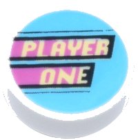 LEGO onderdeel Tile, Round 1 x 1 with Bright Light Yellow 'PLAYER ONE' and Dark Pink Stripes on Medium Azure Background Pattern 98138pb282