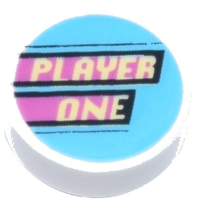 LEGO part Tile, Round 1 x 1 with Bright Light Yellow 'PLAYER ONE' and Dark Pink Stripes on Medium Azure Background Pattern (98138pb282)