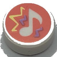 LEGO part Tile, Round 1 x 1 with Music Note with Bright Light Yellow and Lavender Sound Waves on Coral Background Pattern 98138pb317