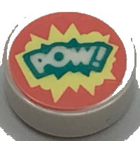 LEGO part Tile, Round 1 x 1 with 'POW!' on Dark Turquoise, Bright Light Yellow, and Coral Background Pattern 98138pb318
