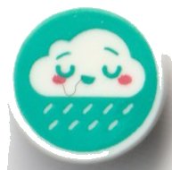 LEGO part Tile, Round 1 x 1 with Rain Cloud with Face, Closed Eyes, and Coral Cheeks on Dark Turquoise Background Pattern 98138pb352