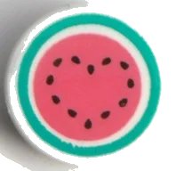 LEGO part Tile, Round 1 x 1 with Coral Watermelon with Dark Turquoise Rind and Black Seeds in Heart Shape Pattern 98138pb353