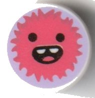 LEGO part Tile, Round 1 x 1 with Coral Furry Monster Head with Open Mouth Smile with 2 Top Teeth and Tongue on Lavender Background Pattern 98138pb354