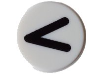 LEGO part Tile, Round 1 x 1 with Black Eye Shut Tight / Letter V / Less Than Sign / Greater Than Sign (Thin Line) Pattern 98138pb365