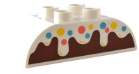 LEGO onderdeel Duplo, Brick 2 x 4 Slope Curved Double with Frosting with Coral, Medium Azure, and Yellow Sprinkles over Reddish Brown Cake Pattern 98223pb027