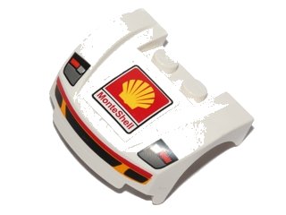 LEGO onderdeel Vehicle, Mudguard 3 x 4 x 1 2/3 Curved Front with Headlights and Grille with Red and Yellow Trim, Shell Logo, 'MonteShell' Pattern (Sticker) - Set 30192 (98835pb004s)