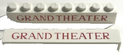 LEGO part Brick 1 x 8 without Bottom Tubes with Cross Side Supports with Red 'GRAND THEATER' Thin Pattern (crssprt01pb009)