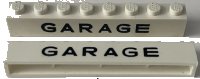 LEGO onderdeel Brick 1 x 8 without Bottom Tubes with Cross Side Supports with Black 'GARAGE' Sans-Serif Medium Pattern crssprt01pb010