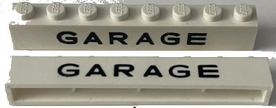 LEGO onderdeel Brick 1 x 8 without Bottom Tubes with Cross Side Supports with Black 'GARAGE' Sans-Serif Medium Pattern (crssprt01pb010)