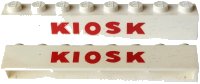 LEGO part Brick 1 x 8 without Bottom Tubes with Cross Side Supports with Red 'KIOSK' Sans-Serif Thick Pattern crssprt01pb011