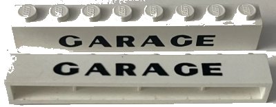 LEGO onderdeel Brick 1 x 8 without Bottom Tubes with Cross Side Supports with Black 'GARAGE' Sans-Serif Thick Pattern, Plain 'G' (crssprt01pb012)