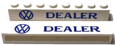 LEGO onderdeel Brick 1 x 8 without Bottom Tubes with Cross Side Supports with Blue 'VW DEALER' Pattern (crssprt01pb013)