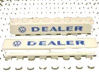LEGO part Brick 1 x 8 without Bottom Tubes with Cross Side Supports with Blue 'VW DEALER' Sans-Serif Bold Pattern crssprt01pb023