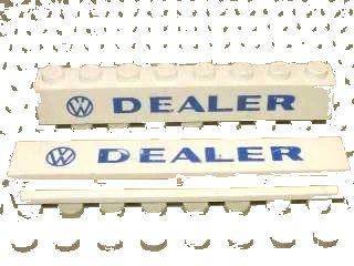 LEGO onderdeel Brick 1 x 8 without Bottom Tubes with Cross Side Supports with Blue 'VW DEALER' Sans-Serif Bold Pattern (crssprt01pb023)