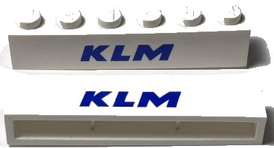 LEGO onderdeel Brick 1 x 6 without Bottom Tubes with Cross Side Supports with Blue 'KLM' Pattern (crssprt02pb003)