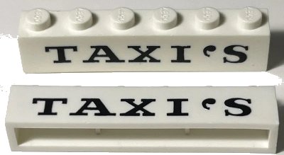 LEGO onderdeel Brick 1 x 6 without Bottom Tubes with Cross Side Supports with Black 'TAXI'S' Serif Thin Pattern (crssprt02pb009)
