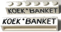 LEGO onderdeel Brick 1 x 6 without Bottom Tubes with Cross Side Supports with Black 'KOEK ' BANKET' Pattern crssprt02pb011