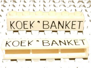 LEGO onderdeel Brick 1 x 6 without Bottom Tubes with Cross Side Supports with Black 'KOEK ' BANKET' Thin Pattern (crssprt02pb013)