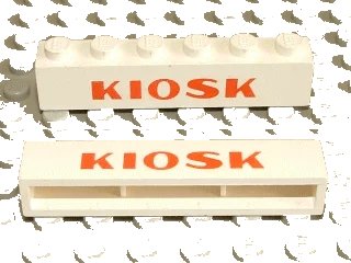 LEGO onderdeel Brick 1 x 6 without Bottom Tubes with Cross Side Supports with Red 'KIOSK' Bold Pattern (crssprt02pb021)
