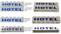 LEGO onderdeel Brick 1 x 6 without Bottom Tubes with Cross Side Supports with Blue 'HOTEL' Thick Pattern crssprt02pb026