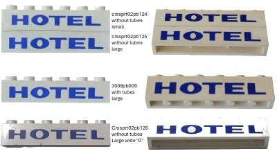 LEGO onderdeel Brick 1 x 6 without Bottom Tubes with Cross Side Supports with Blue 'HOTEL' Thick Pattern (crssprt02pb026)