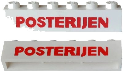 LEGO onderdeel Brick 1 x 6 without Bottom Tubes with Cross Side Supports with Red 'POSTERIJEN' Bold Pattern (crssprt02pb040)