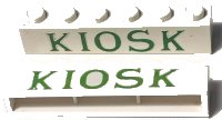 LEGO onderdeel Brick 1 x 6 without Bottom Tubes with Cross Side Supports with Green 'KIOSK' Serif Pattern crssprt02pb042c