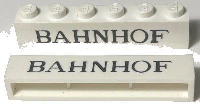 LEGO onderdeel Brick 1 x 6 without Bottom Tubes with Cross Side Supports with Black 'BAHNHOF' Thin Pattern (crssprt02pb057)