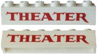 LEGO part Brick 1 x 6 without Bottom Tubes with Cross Side Supports with Red 'THEATER' Serif Pattern crssprt02pb107