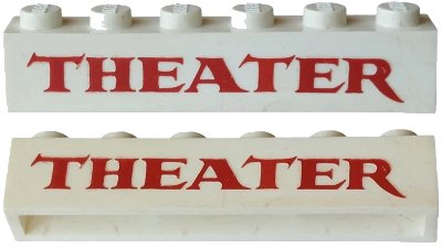 LEGO onderdeel Brick 1 x 6 without Bottom Tubes with Cross Side Supports with Red 'THEATER' Serif Pattern (crssprt02pb107)