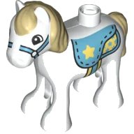 LEGO part Duplo Horse Baby Foal Pony with Tan Mane and Tail, Medium Azure Saddle with Bright Light Yellow Star, Medium Azure Bridle Pattern horse05c01pb06