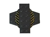 LEGO part Plate, Modified 6 x 6 x 2/3 Cross with Dome and Black and Yellow Danger Stripes Pattern 30303pb01