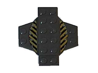 LEGO onderdeel Plate, Modified 6 x 6 x 2/3 Cross with Dome and Black and Yellow Danger Stripes Pattern (30303pb01)