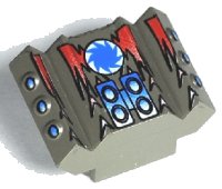 LEGO part Stein, modifiziert 2 x 2 ohne Noppen, schräg mit abgewinkelten Seitenblockerweiterungen und roten Flammen und blauer Sägeblatt auf weißem Kreis Muster 30601pb04