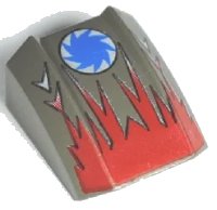 LEGO part Slope, Curved 2 x 2 Lip with Red Flames and Blue Saw Blade on White Circle Pattern 30602pb012