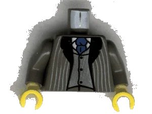 LEGO onderdeel Torso Suit Jacket Open with Light Gray Pinstripes and Black Lapels over Silver Vest and White Undershirt, Blue Tie Pattern / Dark Gray Arms / Yellow Hands (973pb0060c01)