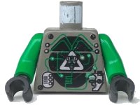 LEGO part Torso Space Insectoids Silver Logo on Black Panels, 2 Silver Panels Pattern / Green Arms / Black Hands 973pb0082c01