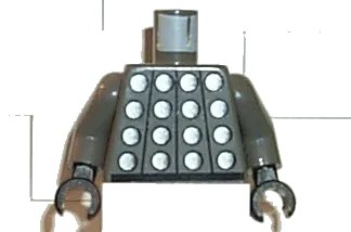LEGO onderdeel Torso Studded Armor with Silver Circles, Black Belt, White Number 1 on Back Pattern / Dark Gray Arms / Black Hands (973pb0083c01)