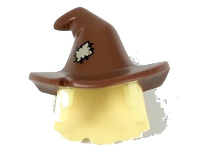 LEGO onderdeel Minifigure, Hair Combo, Hair with Hat, Mid-Length Scraggly with Molded Reddish Brown Floppy Witch Hat and Printed Tan Patch Pattern (20606pb03)
