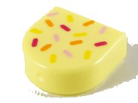 LEGO part Tile, Round 1 x 1 Half Circle Extended with Bright Pink, Magenta, Orange and Yellow Sprinkles Pattern 24246pb010