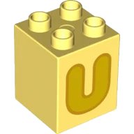 LEGO onderdeel Duplo, Brick 2 x 2 x 2 with Yellow Capital Letter U with Bright Light Orange Outline Pattern (31110pb163)