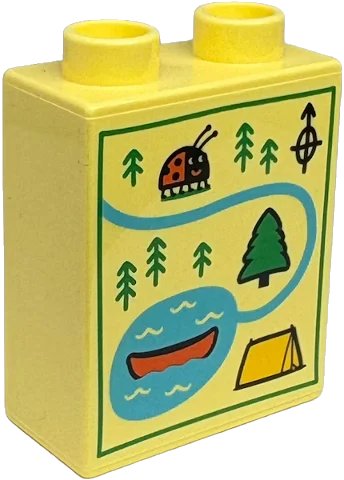 LEGO onderdeel Duplo, Brick 1 x 2 x 2 with Map with Medium Azure River and Lake, Green Trees, Ladybug, Orange Canoe, Yellow Tent and Black Compass Rose Pattern (4066pb845)