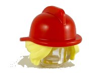 LEGO part Minifigure, Hair Combo, Hair with Hat, Side Bangs and Bun with Molded Red Fire Helmet Pattern 53117pb01