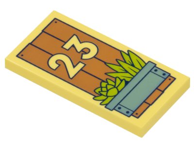 LEGO part Tile 2 x 4 with Medium Nougat Boards, '23', Metallic Light Blue Planter, and Lime Plants Pattern (87079pb1234)