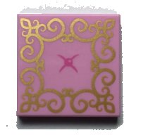 LEGO part Tile 2 x 2 with Gold Lace and Bright Pink Button Pattern (Cushion) 3068pb1202