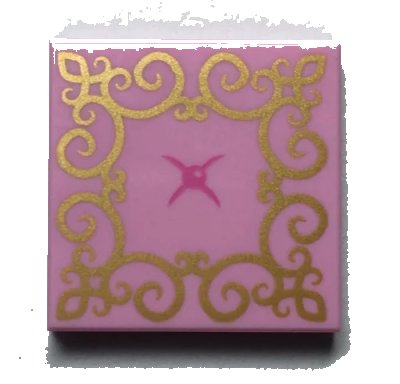 LEGO onderdeel Tile 2 x 2 with Gold Lace and Bright Pink Button Pattern (Cushion) (3068pb1202)