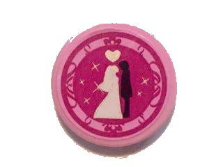 LEGO part Tile, Round 2 x 2 with Bride and Groom and Silver Heart on Magenta Background Pattern (Sticker) - Set 41058 (4150pb176)