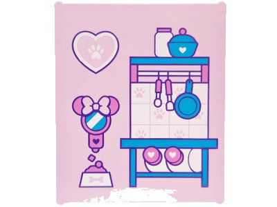 LEGO part Glass for Window 1 x 6 x 6 Flat Front with Dark Pink, Dark Azure and White Pet Bowl, Mirror, Heart, Shelves, Containers and Kitchen Utensils Pattern (42509pb18)